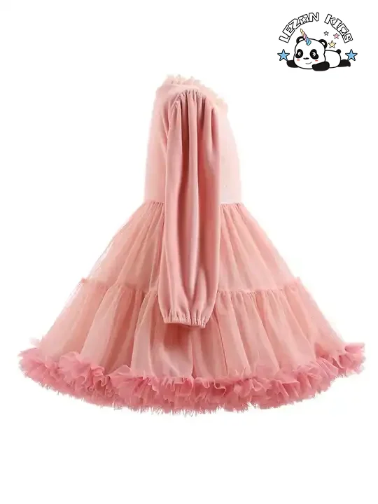 LEZONKIDS - Elegant Washable Pink Dress Long Sleeve Tulle Dress for Girls